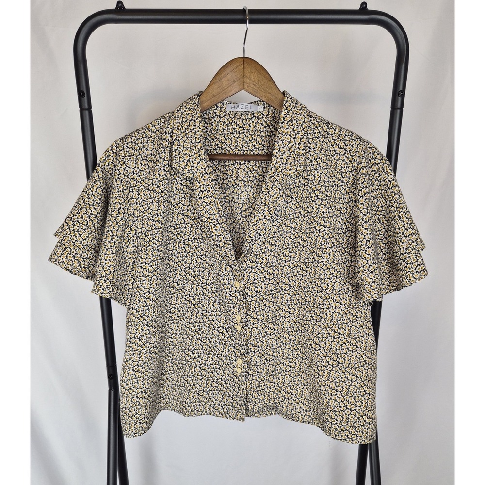 100% Cotton Hazel Floral Button-down Blouse Collared Flutter Sleeves Daisies LRG
